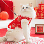 Autumn And Winter New Year's Clothes For Cats And Dogs, Festive Chinese-style Brocade Two-legged Cotton-padded Jackets, Blue Cat And Kitten Tang Suits And Vests