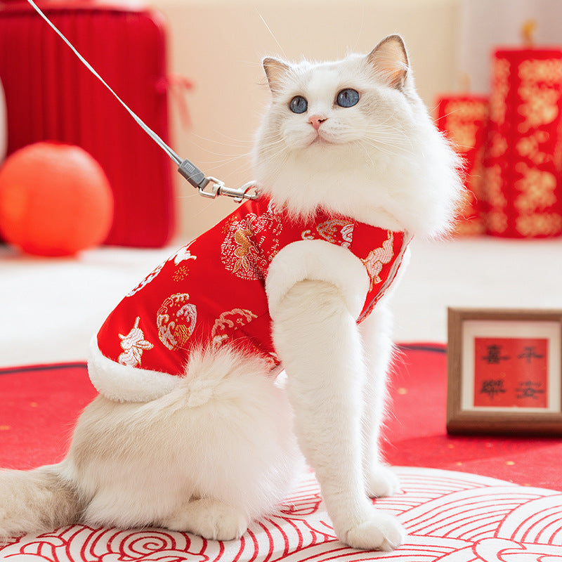 Autumn And Winter New Year's Clothes For Cats And Dogs, Festive Chinese-style Brocade Two-legged Cotton-padded Jackets, Blue Cat And Kitten Tang Suits And Vests
