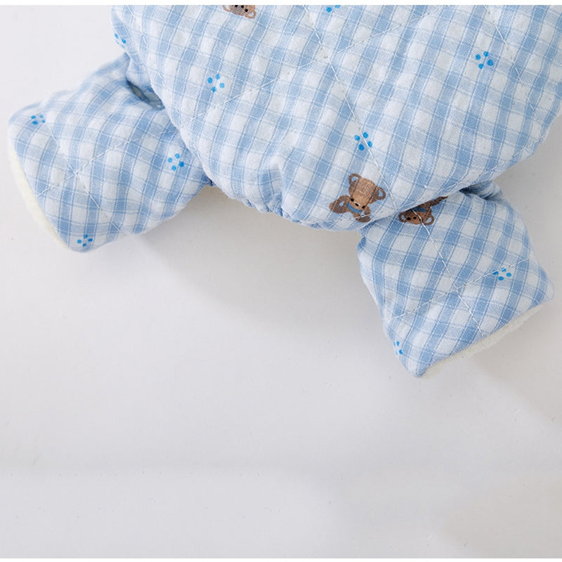 Cute Korean Cartoon Checkerboard Pattern Bear Full-printed Four-legged Cotton Coat For Dogs In Autumn And Winter, Teddy Pet Clothes For Cats