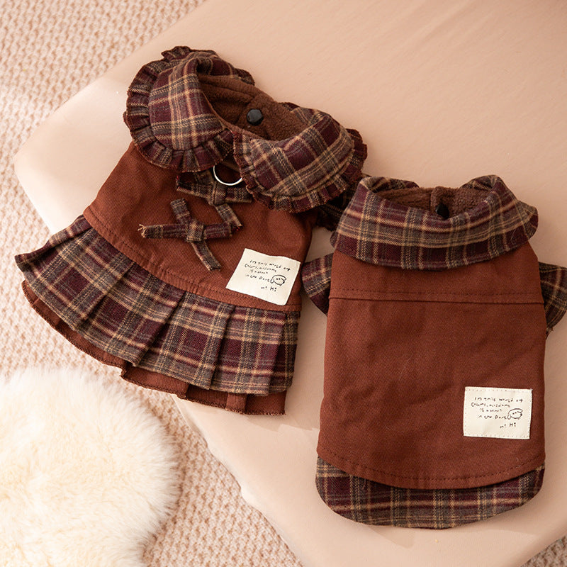 Autumn And Winter Dog Skirts With Check Patterns For Warmth, Cat Teddy Bichon Frise, High-end Custom Pet Clothing For Small And Medium-sized Dogs