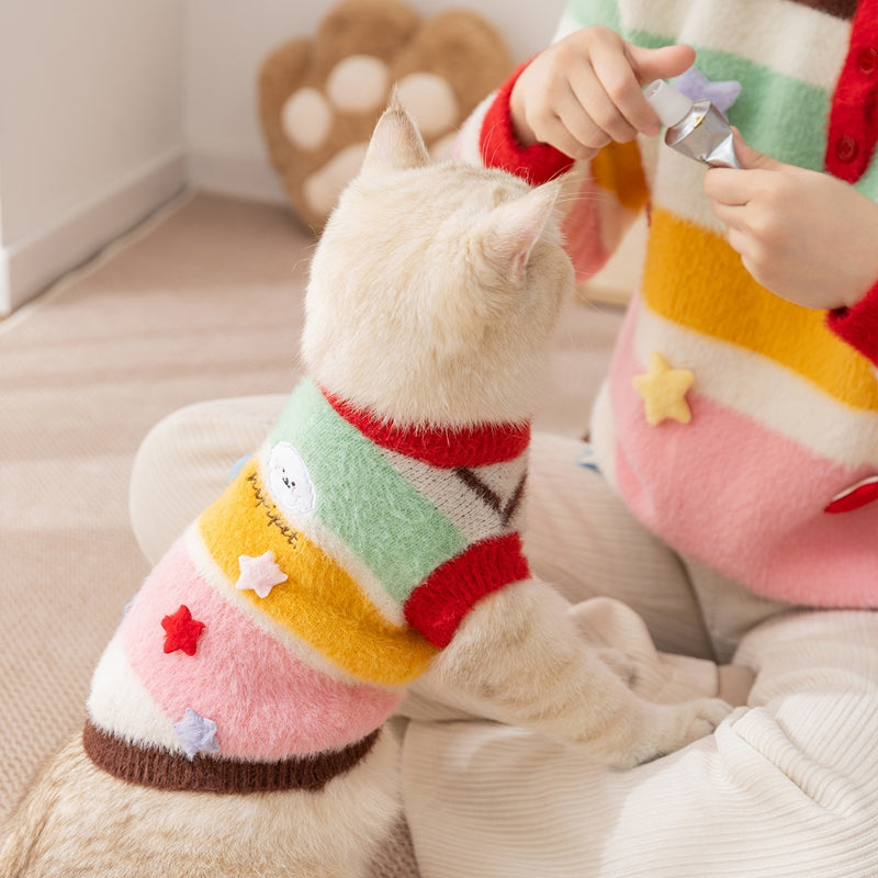 Autumn And Winter Cat Cartoon Star Striped Parent-child Sweater, Small And Medium-sized Dog Warm Parent-child Clothing, Pet Clothes