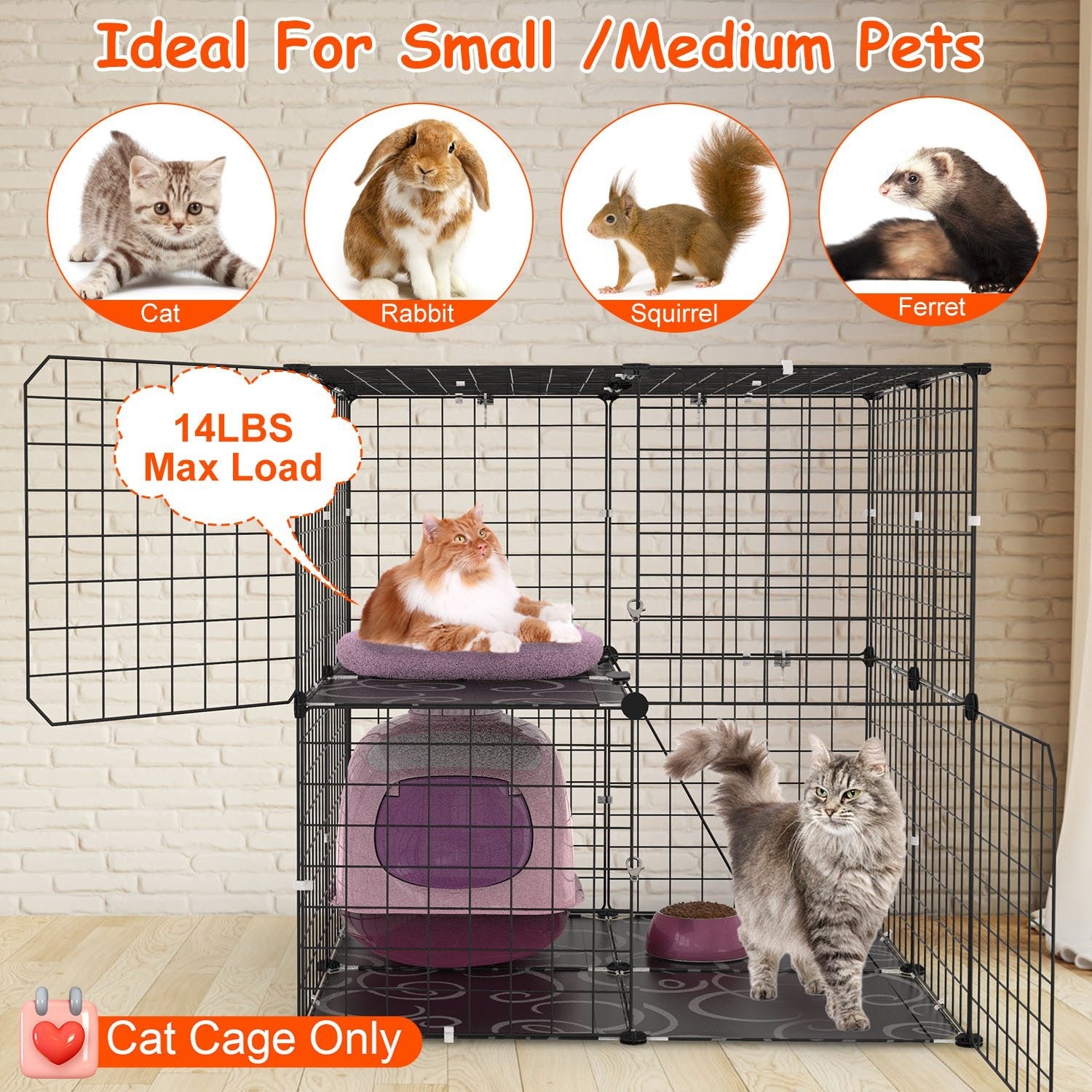 2Tier Cat Cage Playpen Indoor Pet Enclosures Kitten Kennel House Detachable Cat Crate with Climbing Ladder 2 Doors for 1-2 Cats for Ferret Squirrel Sm