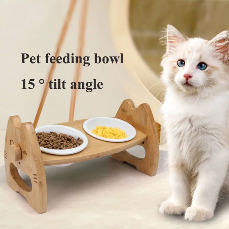 Pet Bowl Ceramic Double Bowl Wooden Stand Neck Protection Dog Cat Food Basin Height Adjustable Tilt Separate Bowls Pet Accessori