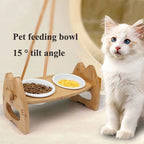 Pet Bowl Ceramic Double Bowl Wooden Stand Neck Protection Dog Cat Food Basin Height Adjustable Tilt Separate Bowls Pet Accessori