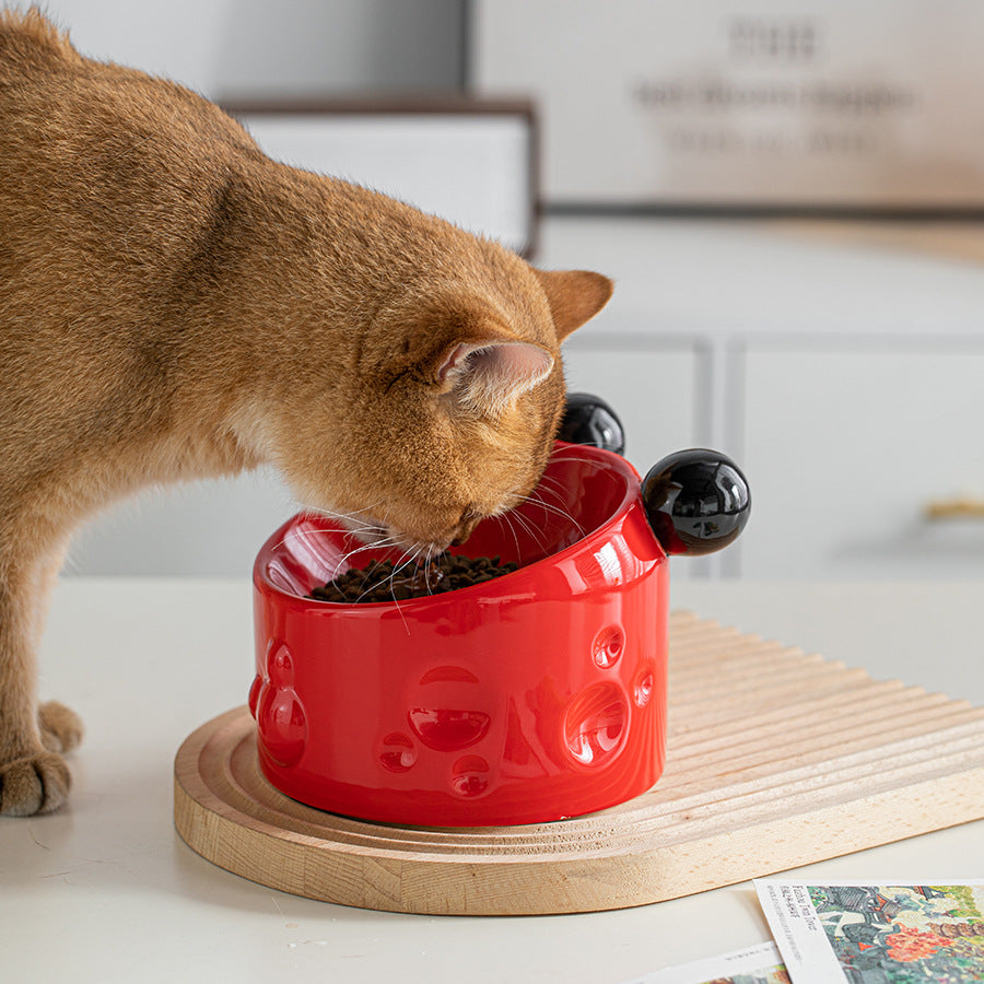 Ceramic High-footed Pet Cat Bowl With Neck Protection, Double Bowl Anti-spill Food And Water Dish For Cats And Dogs, Tilted Stand To Protect Cervical Spine