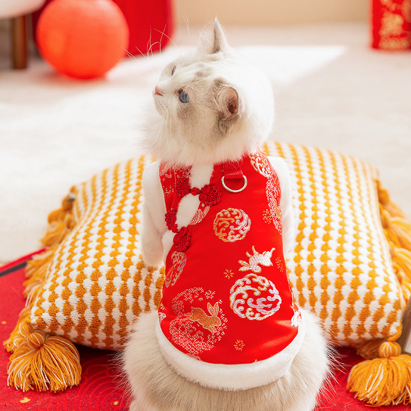 Autumn And Winter New Year's Clothes For Cats And Dogs, Festive Chinese-style Brocade Two-legged Cotton-padded Jackets, Blue Cat And Kitten Tang Suits And Vests