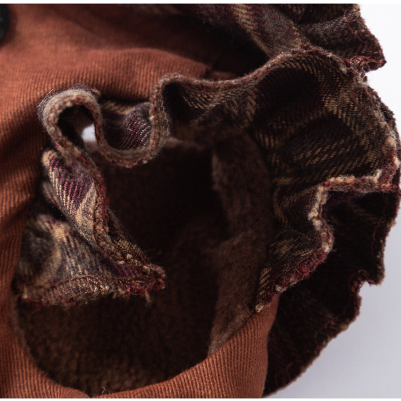 Cozy Brown Plaid Pet Sweater Dress - Fleece-Lined Dog Skirt And Cat Winter Clothes With Ruffle Trim