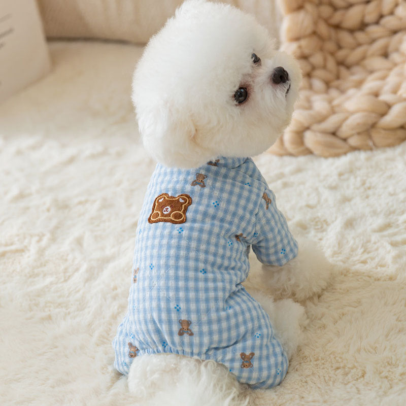 Cute Korean Cartoon Checkerboard Pattern Bear Full-printed Four-legged Cotton Coat For Dogs In Autumn And Winter, Teddy Pet Clothes For Cats