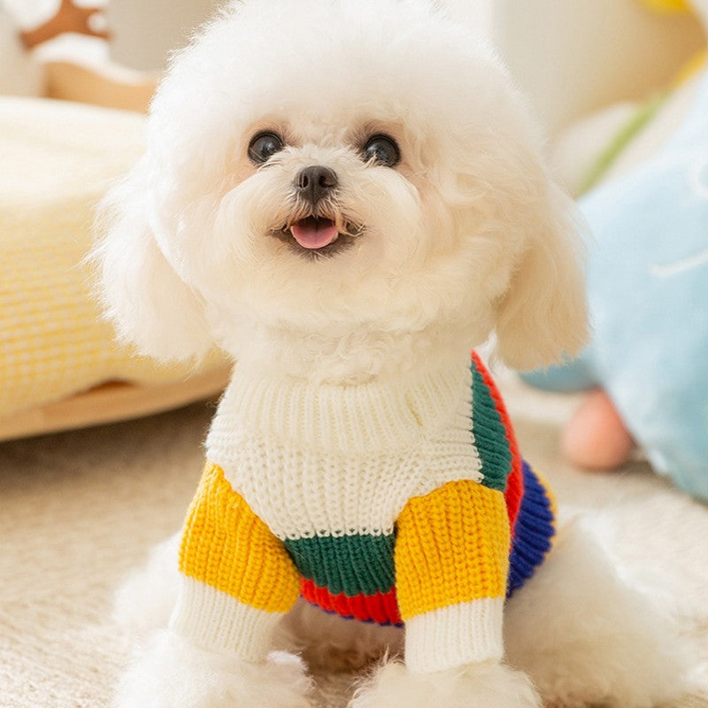 Winter Warm Cat And Dog Clothing Rainbow Striped Knitted Sweater, Cute To Wear For The Party