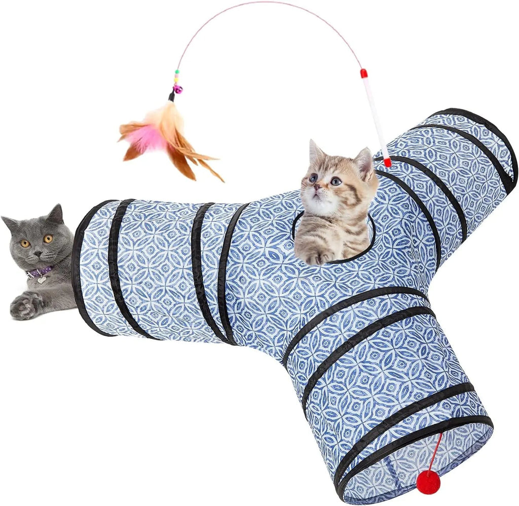 3-Way Collapsible Tunnel Cat Toy with Ball & Peek Hole for Indoor Cats & Kittens