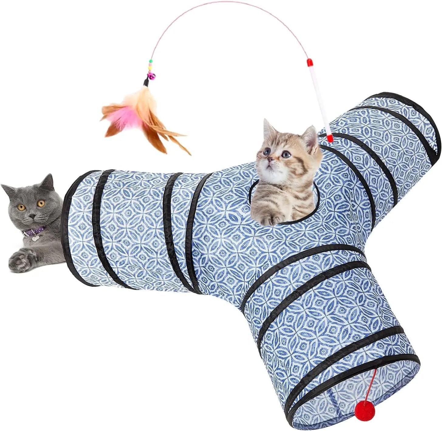 3-Way Collapsible Tunnel Cat Toy with Ball & Peek Hole for Indoor Cats & Kittens