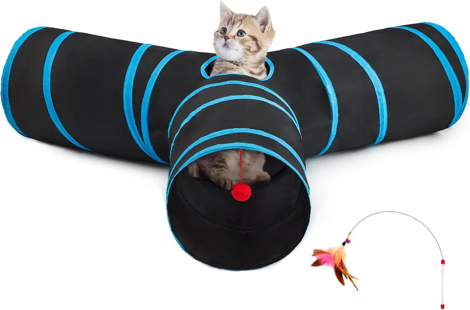 3-Way Collapsible Tunnel Cat Toy with Ball & Peek Hole for Indoor Cats & Kittens