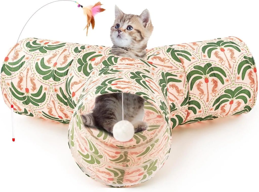 3-Way Collapsible Tunnel Cat Toy with Ball & Peek Hole for Indoor Cats & Kittens