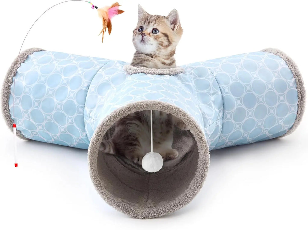 3-Way Collapsible Tunnel Cat Toy with Ball & Peek Hole for Indoor Cats & Kittens