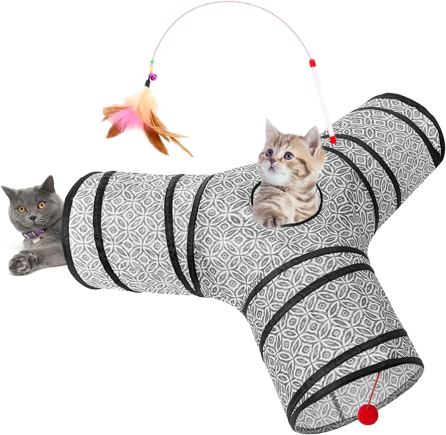 3-Way Collapsible Tunnel Cat Toy with Ball & Peek Hole for Indoor Cats & Kittens