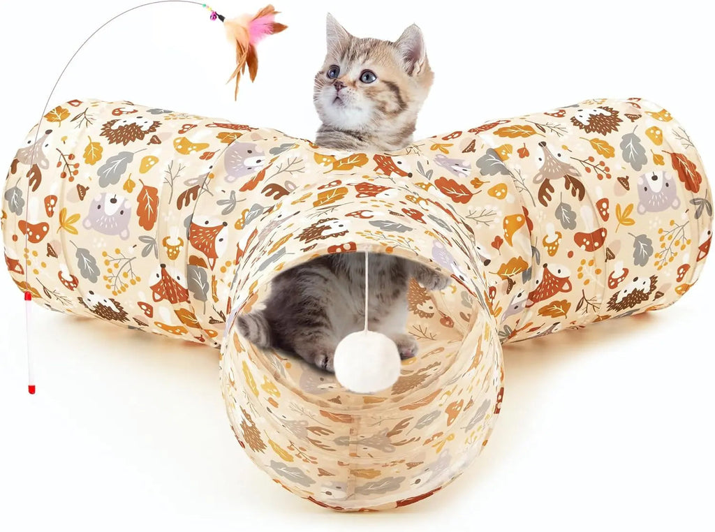 3-Way Collapsible Tunnel Cat Toy with Ball & Peek Hole for Indoor Cats & Kittens