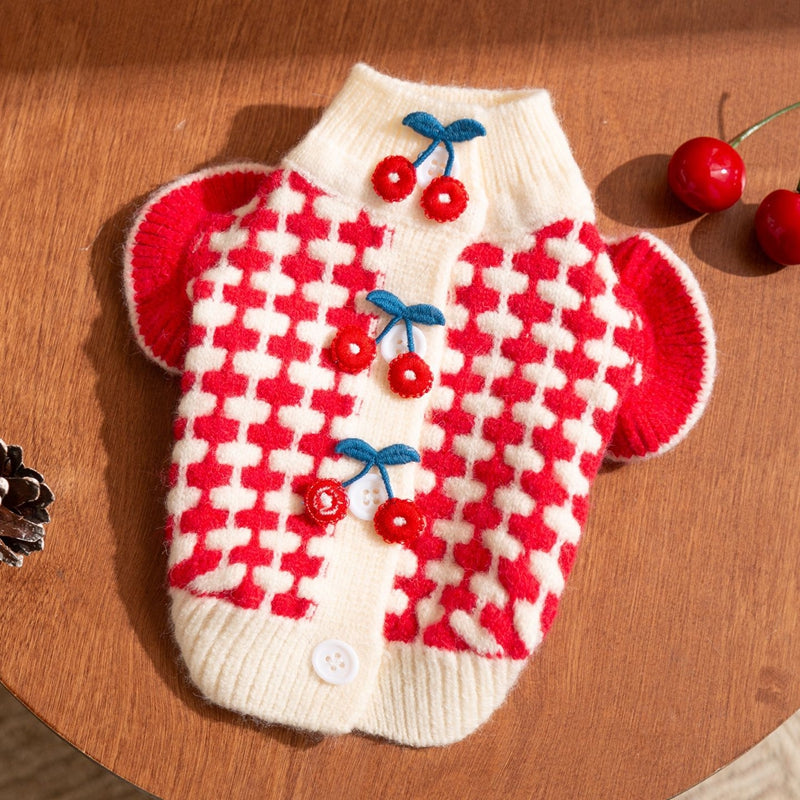 Cute Cherry Small Dog Sweater Soft Girl Dog Cardigan Clothes Turtleneck Warm Pet Puppy Knitted Pullover Princess Dogs Cats Outfits