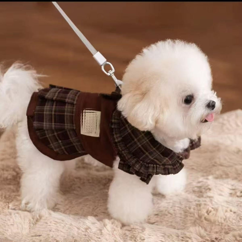 Autumn And Winter Dog Skirts With Check Patterns For Warmth, Cat Teddy Bichon Frise, High-end Custom Pet Clothing For Small And Medium-sized Dogs