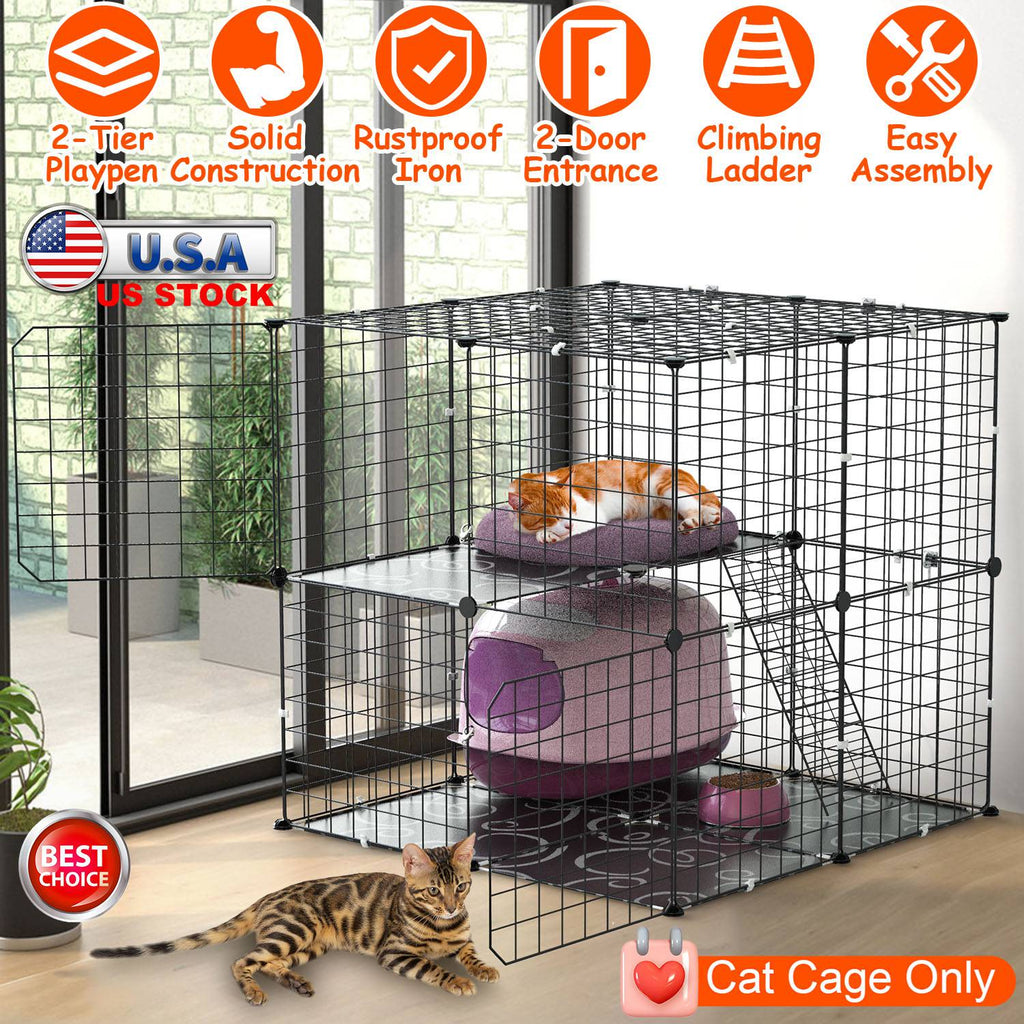 2Tier Cat Cage Playpen Indoor Pet Enclosures Kitten Kennel House Detachable Cat Crate with Climbing Ladder 2 Doors for 1-2 Cats for Ferret Squirrel Sm
