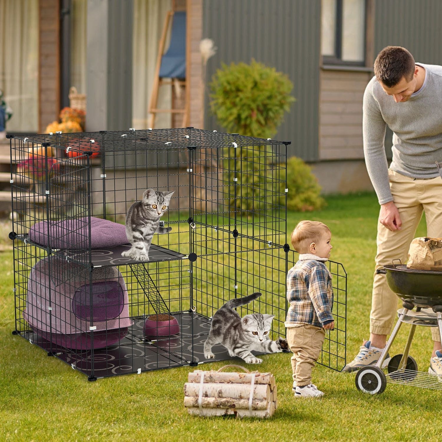 2Tier Cat Cage Playpen Indoor Pet Enclosures Kitten Kennel House Detachable Cat Crate with Climbing Ladder 2 Doors for 1-2 Cats for Ferret Squirrel Sm