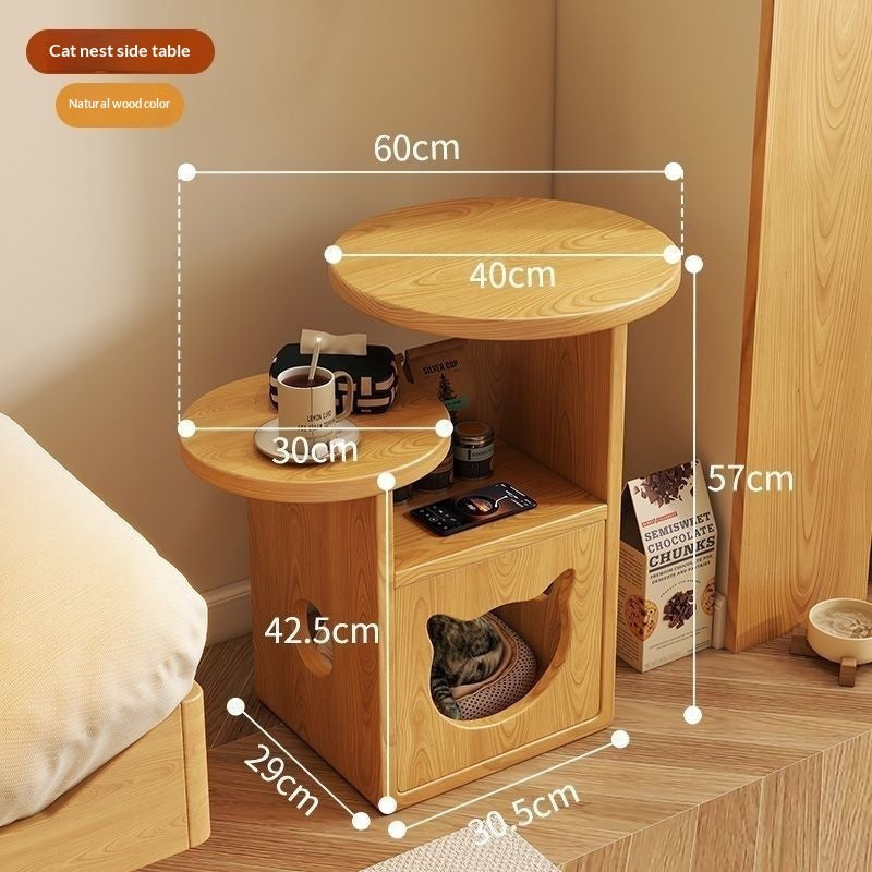 Solid Wood Nightstand Pine Cat Bed Storage Cabinet Side Cabinet Log-Style Home Pet Item