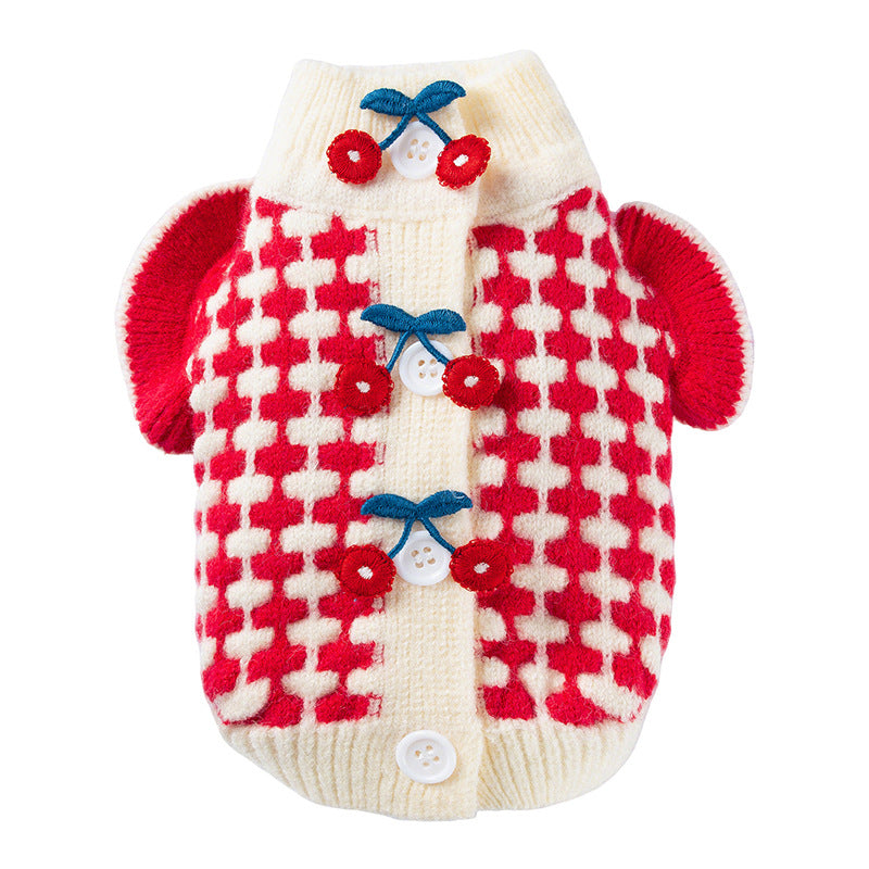 Cute Cherry Small Dog Sweater Soft Girl Dog Cardigan Clothes Turtleneck Warm Pet Puppy Knitted Pullover Princess Dogs Cats Outfits