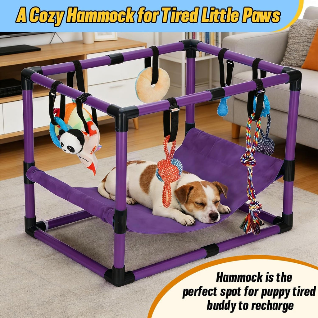 Indoor Puppy Play Gym with Hammock 8 Toys Dog Enrichment Activity Center