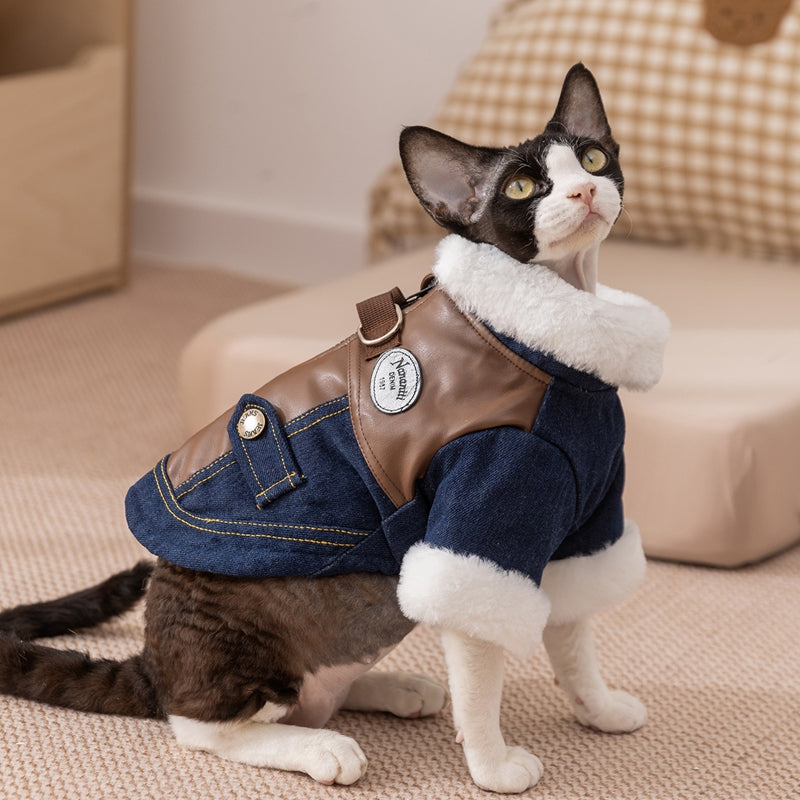 Cat Clothing For Autumn And Winter Warmth And Thickening, Small Dog Adult Kitten Winter Denim Two-legged Cotton Coat, Dog Pet Clothing