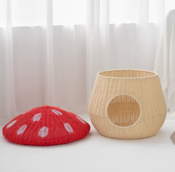 Rattan-Style Washable Cat Bed Villa-Style Mushroom-Shaped Pet Nest Handwoven Breathable Dog Kennel