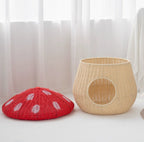 Rattan-Style Washable Cat Bed Villa-Style Mushroom-Shaped Pet Nest Handwoven Breathable Dog Kennel