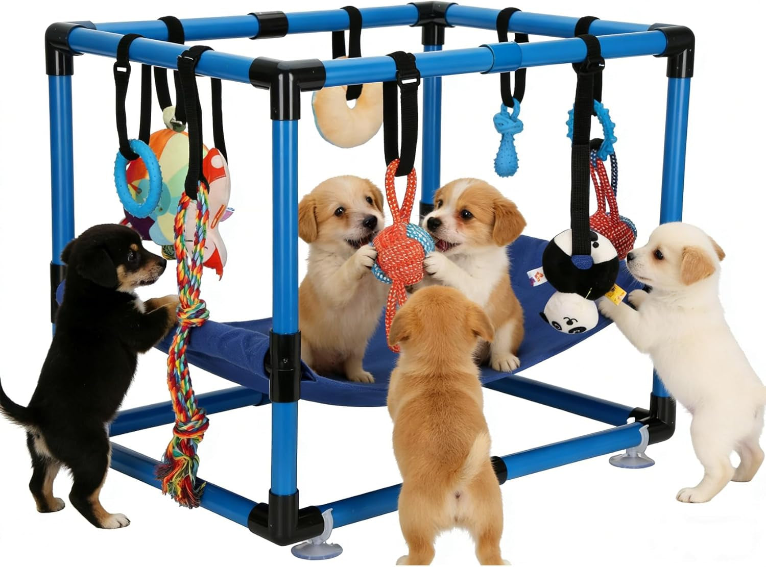 Indoor Puppy Play Gym with Hammock 8 Toys Dog Enrichment Activity Center