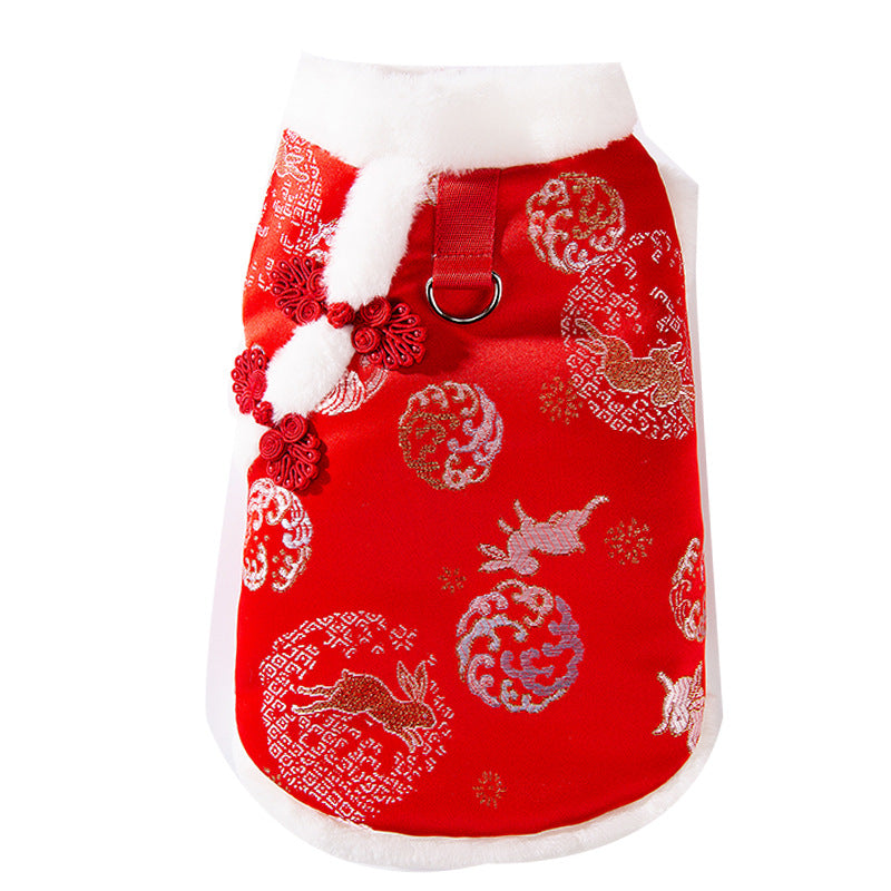 Autumn And Winter New Year's Clothes For Cats And Dogs, Festive Chinese-style Brocade Two-legged Cotton-padded Jackets, Blue Cat And Kitten Tang Suits And Vests