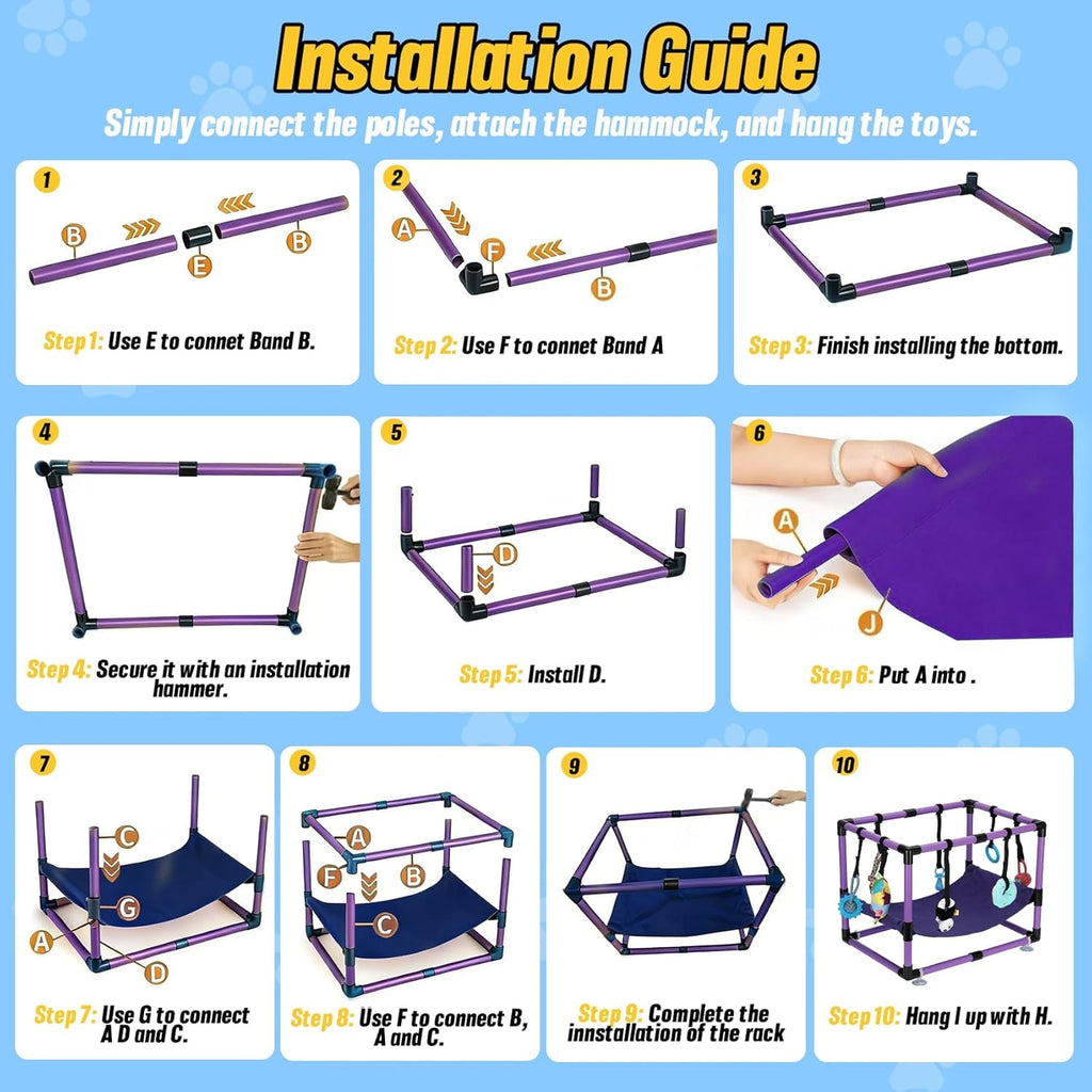 Indoor Puppy Play Gym with Hammock 8 Toys Dog Enrichment Activity Center