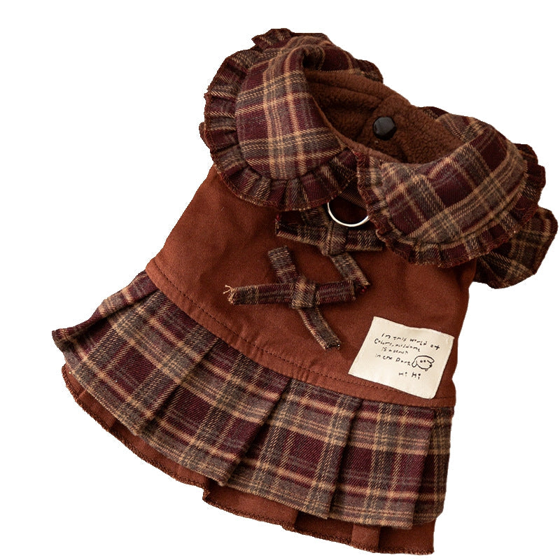 Autumn And Winter Dog Skirts With Check Patterns For Warmth, Cat Teddy Bichon Frise, High-end Custom Pet Clothing For Small And Medium-sized Dogs