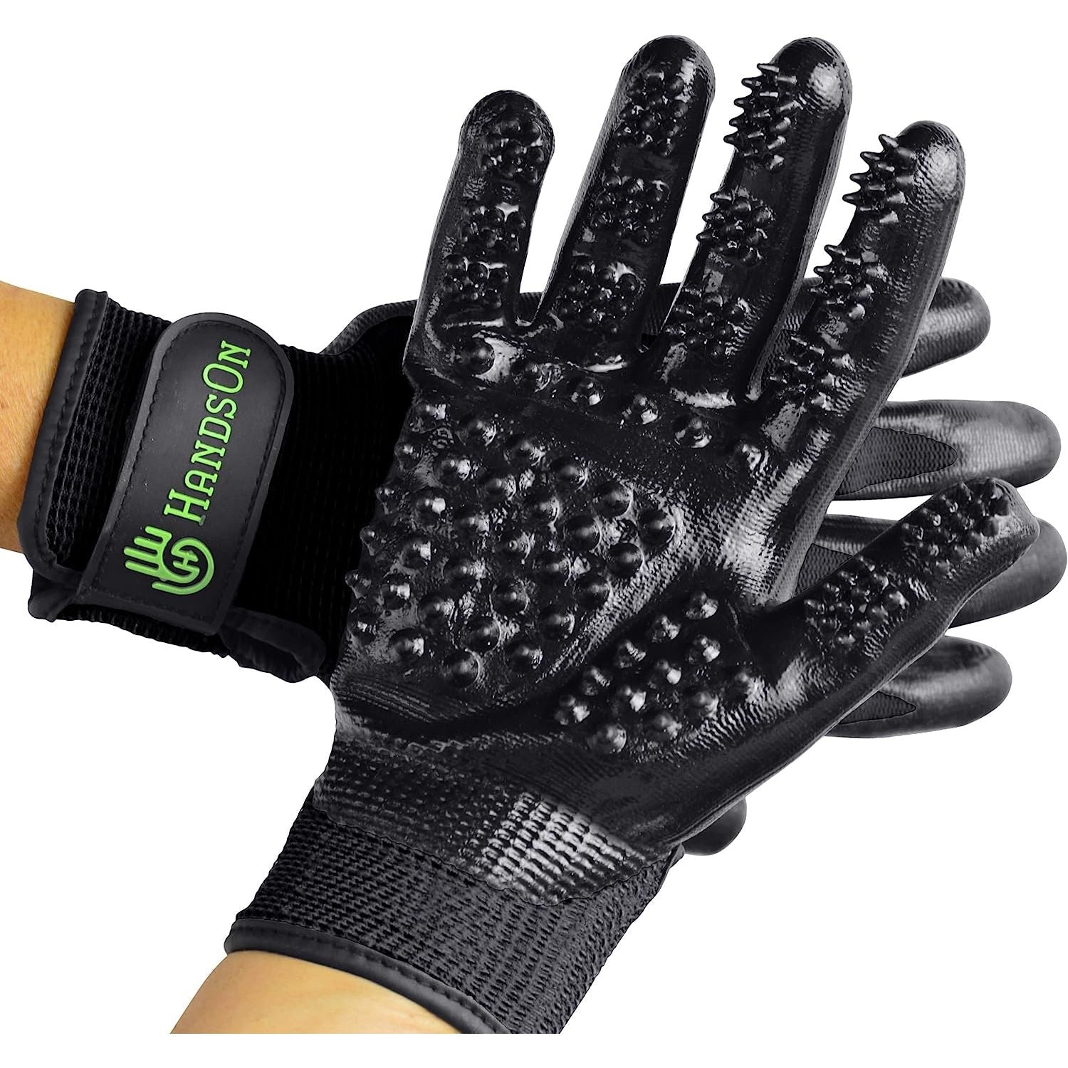 HandsOn Pet Grooming Gloves Gentle Brush for Cats Dogs Horses Black
