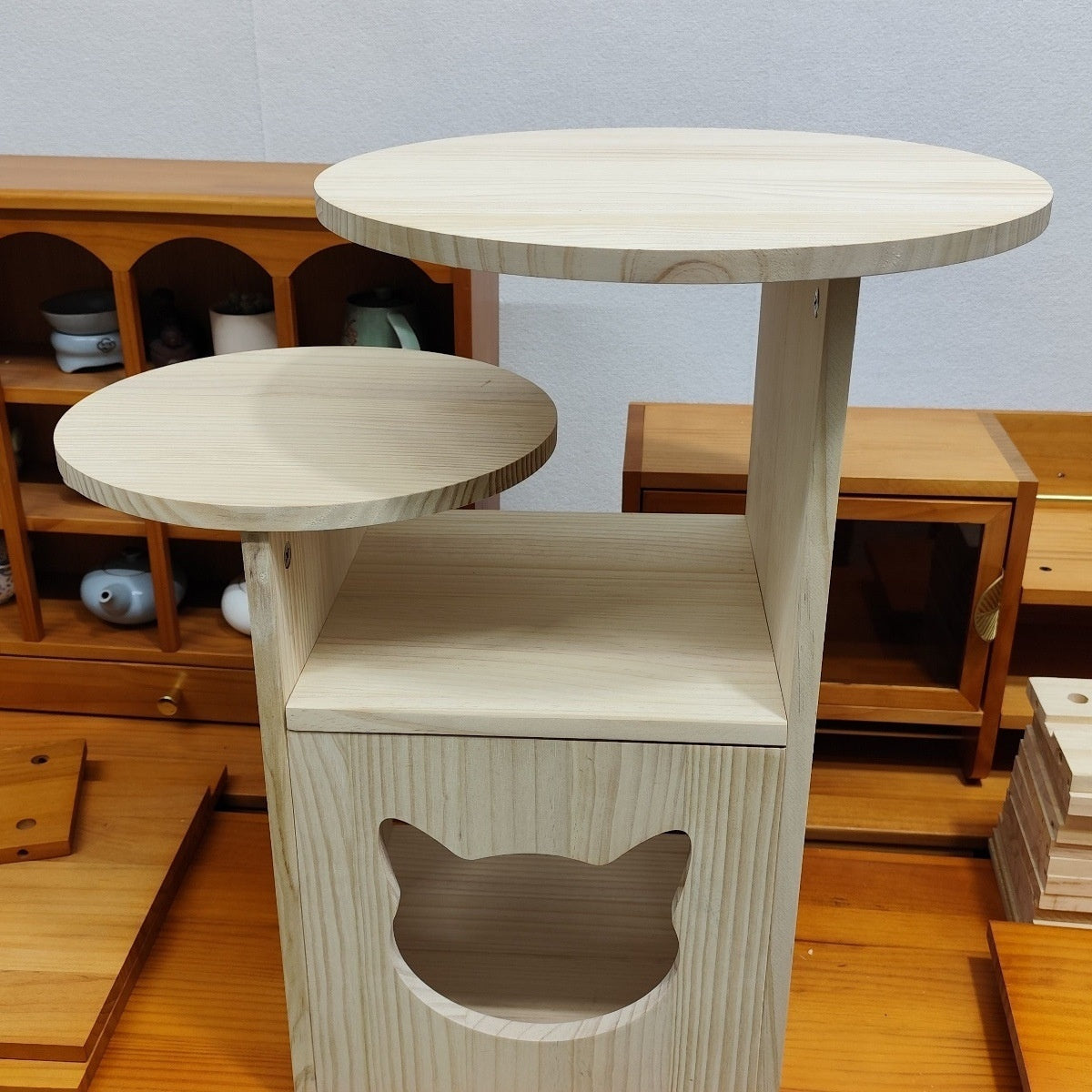Solid Wood Nightstand Pine Cat Bed Storage Cabinet Side Cabinet Log-Style Home Pet Item