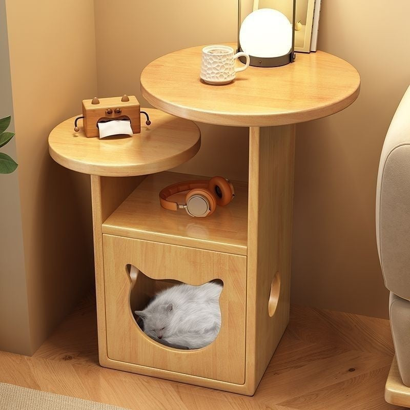 Solid Wood Nightstand Pine Cat Bed Storage Cabinet Side Cabinet Log-Style Home Pet Item