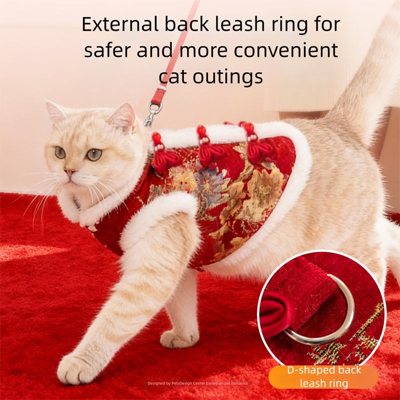 In Autumn And Winter, Cats Keep Warm. Chinese Style Of Wealth And Prosperity Bloom. New Year, Button-down Vests, Tang Suits, Little Dogs, Cotton-padded Clothes, And Pet Clothing