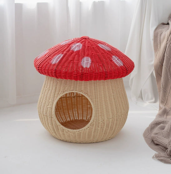 Rattan-Style Washable Cat Bed Villa-Style Mushroom-Shaped Pet Nest Handwoven Breathable Dog Kennel