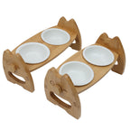 Pet Bowl Ceramic Double Bowl Wooden Stand Neck Protection Dog Cat Food Basin Height Adjustable Tilt Separate Bowls Pet Accessori