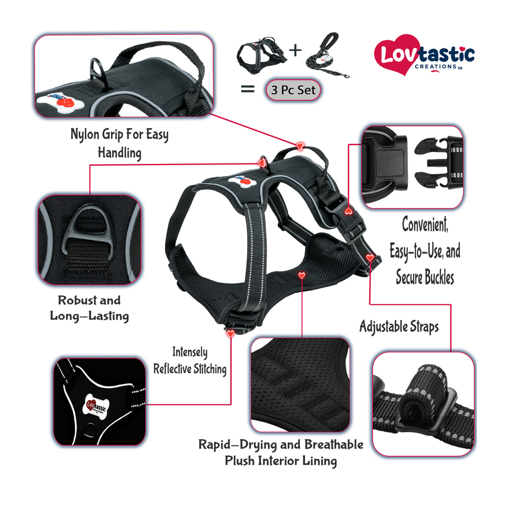 Lovtastic Creations™ No-Pull Dog Harness - with Strong & Durable Dog Leash & Free Poopbag Holder 3pcs Set | Reflective No-Choke Pet Harness