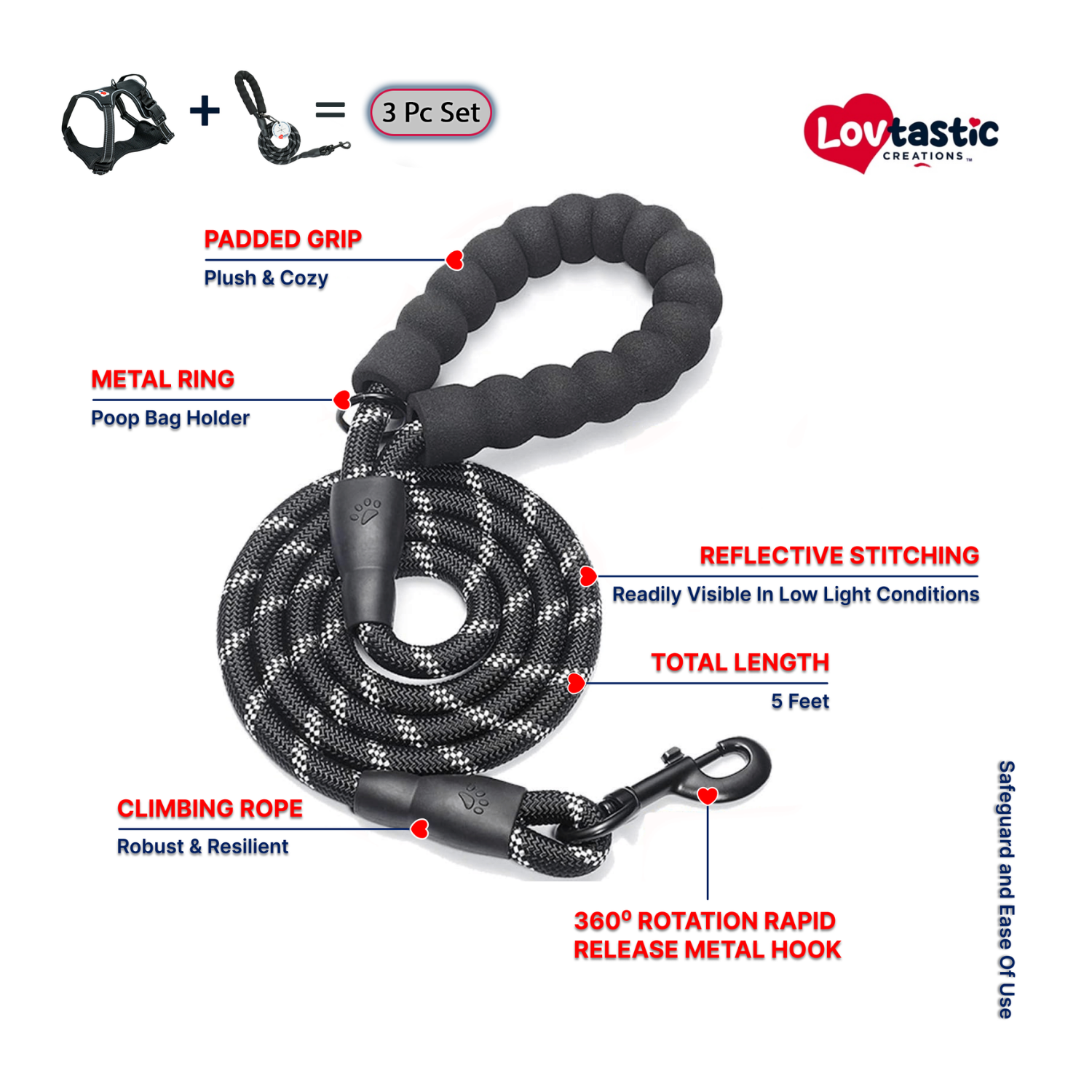 Lovtastic Creations™ No-Pull Dog Harness - with Strong & Durable Dog Leash & Free Poopbag Holder 3pcs Set | Reflective No-Choke Pet Harness