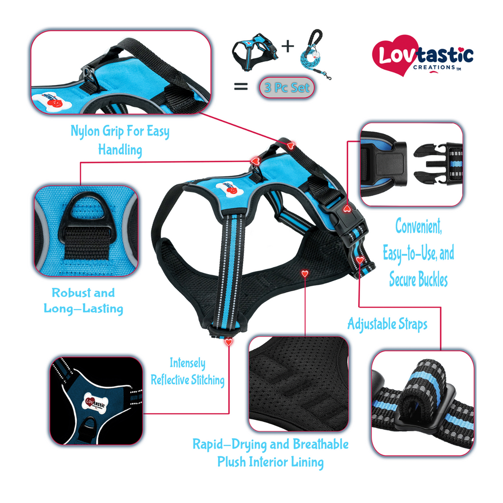 Lovtastic Creations™ No-Pull Dog Harness - with Strong & Durable Dog Leash & Free Poopbag Holder 3pcs Set | Reflective No-Choke Pet Harness