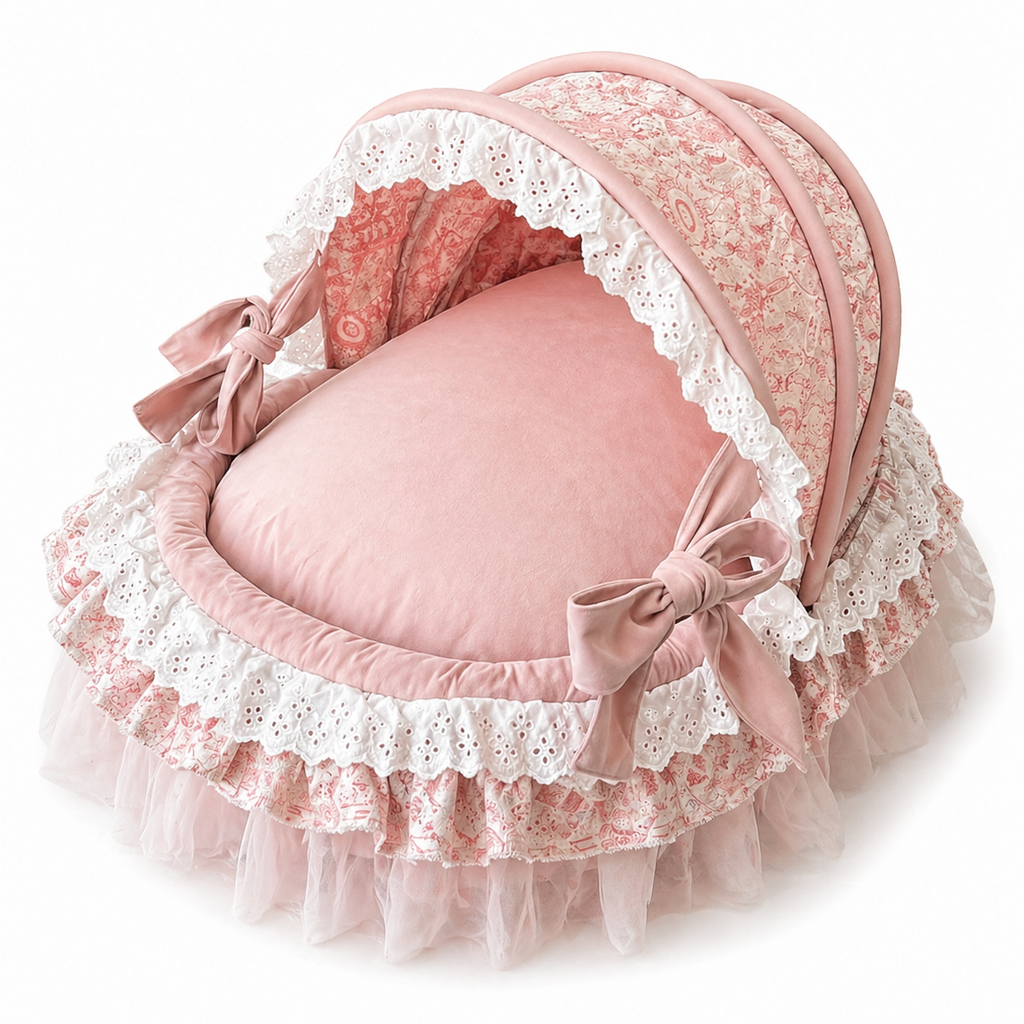 Luxury Princess Canopy Dog Bed Pink Lace Pet Nest with Removable Cushion