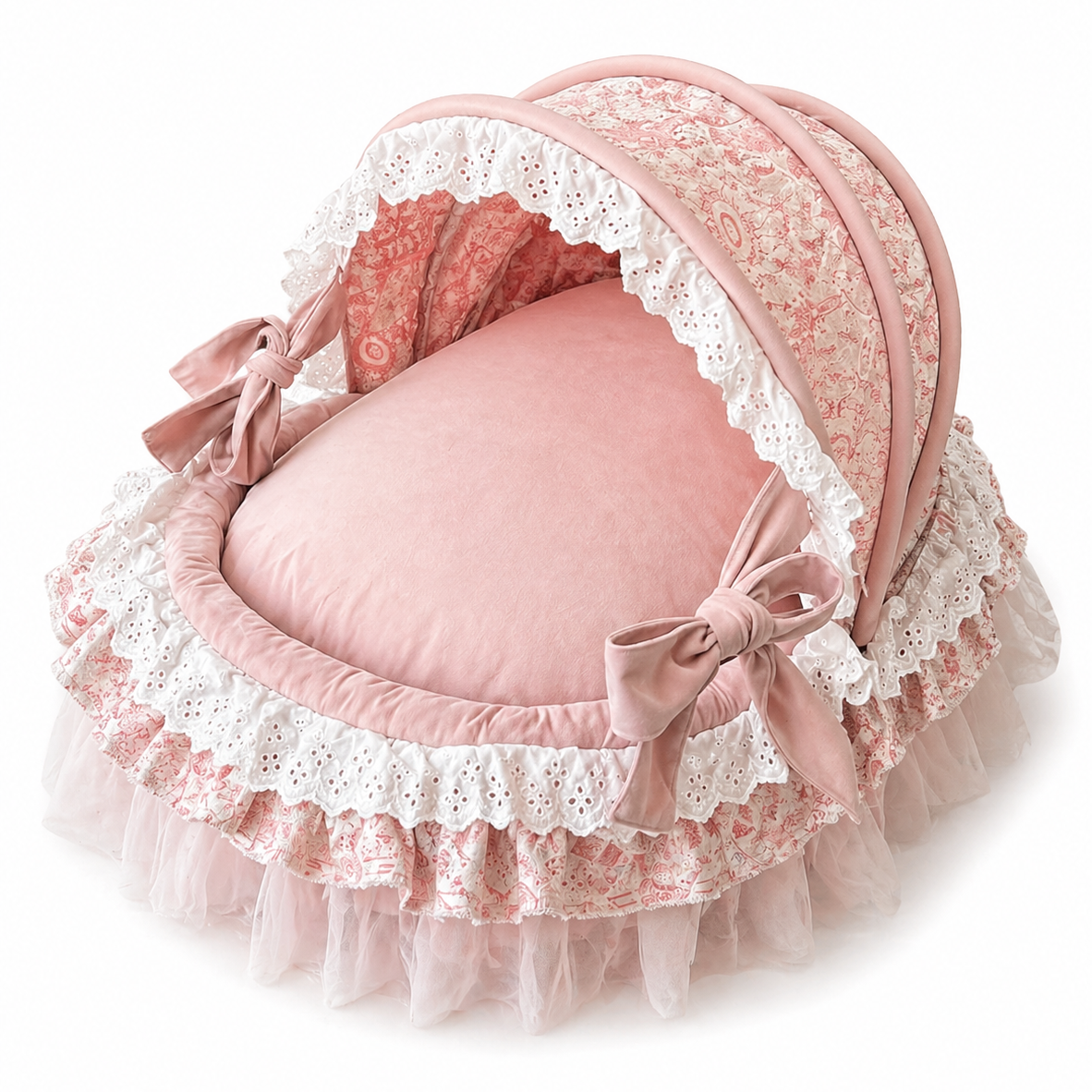Luxury Princess Canopy Dog Bed Pink Lace Pet Nest with Removable Cushion