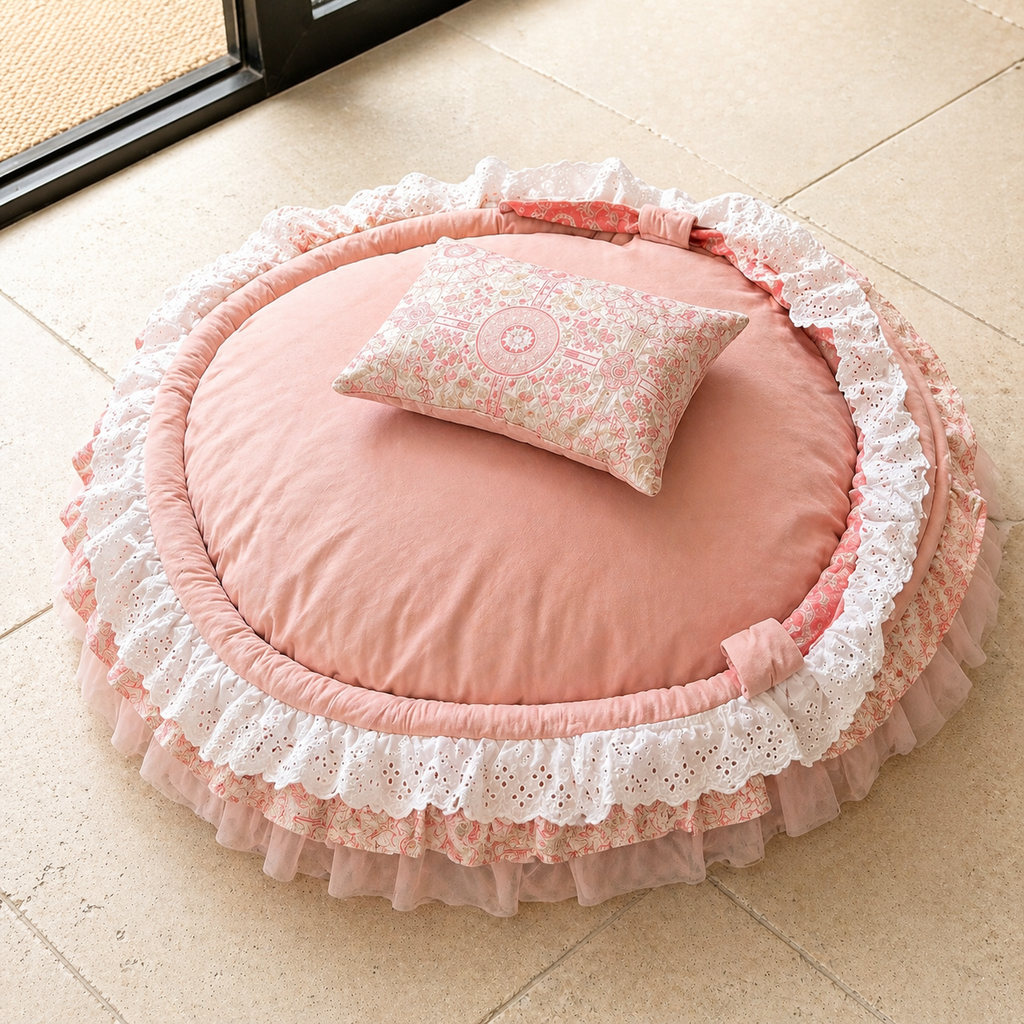 Luxury Princess Canopy Dog Bed Pink Lace Pet Nest with Removable Cushion