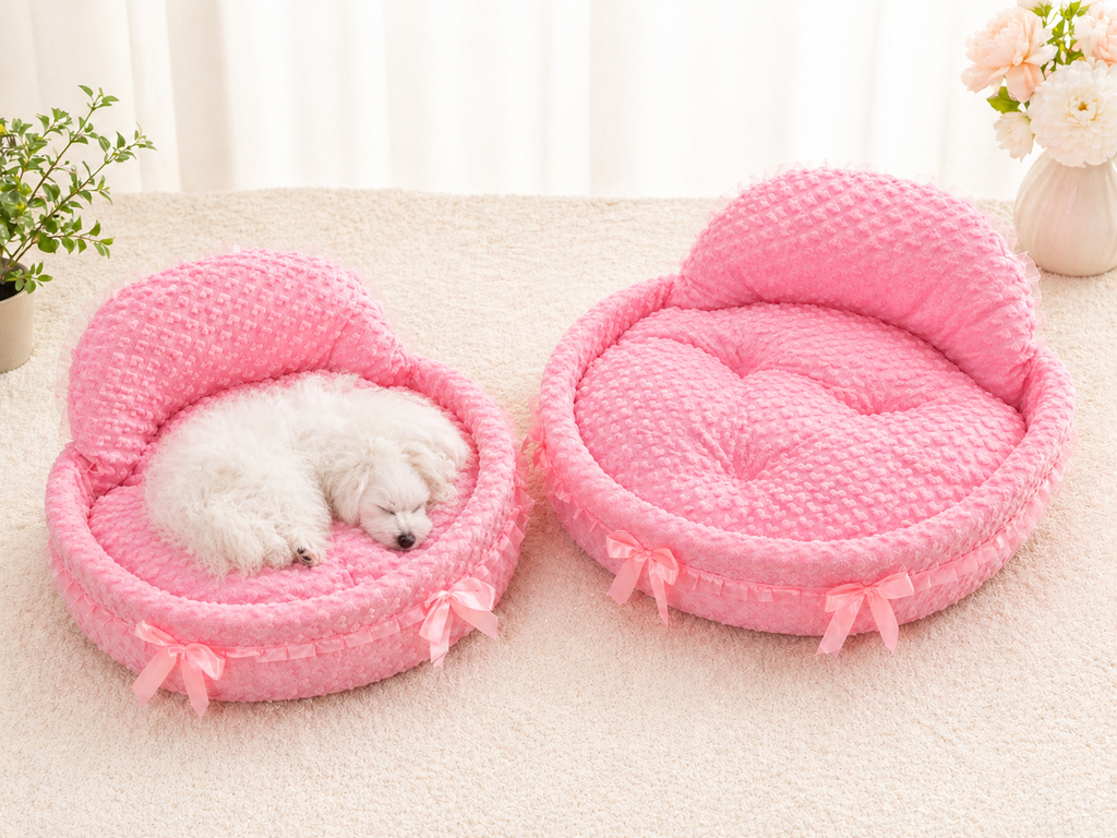 Luxury Pink Dog Bed Soft Plush Pet Bed with Cushion – Cute Princess Puppy Bed for Small Dogs & Cats
