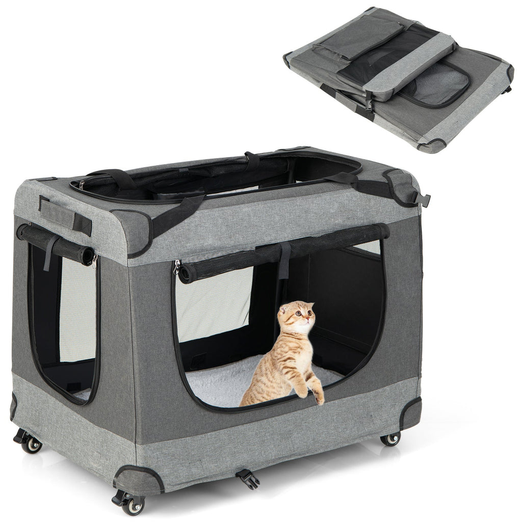 Portable Folding Dog Soft Crate Cat Carrier with 4 Lockable Wheels