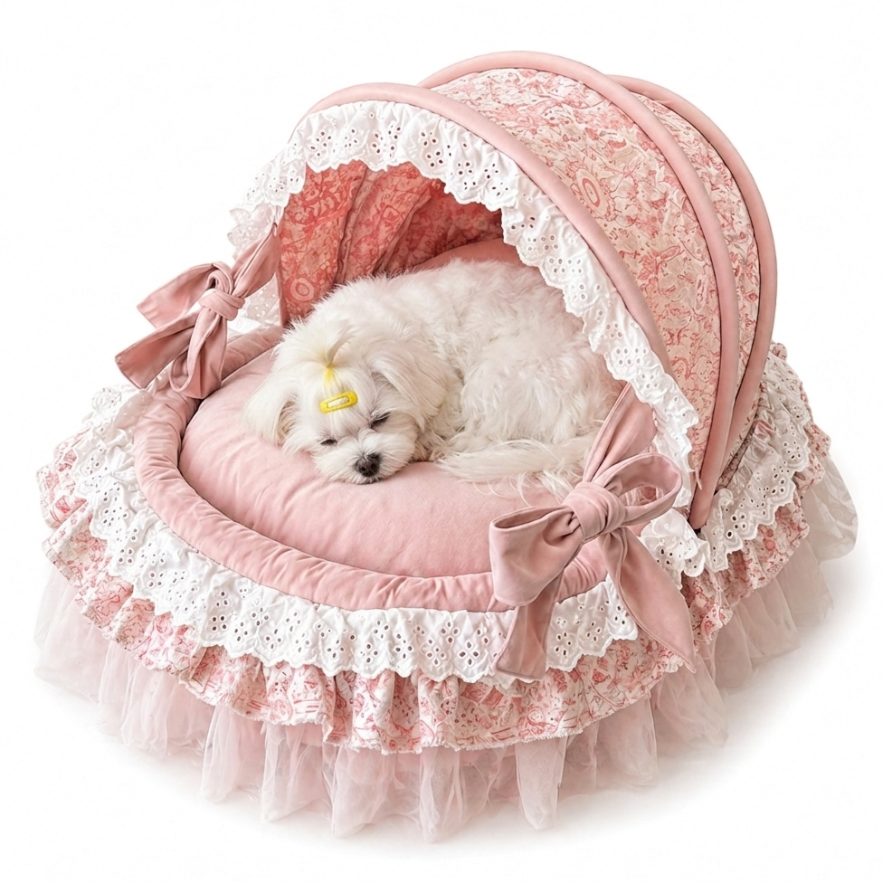 Luxury Princess Canopy Dog Bed Pink Lace Pet Nest with Removable Cushion