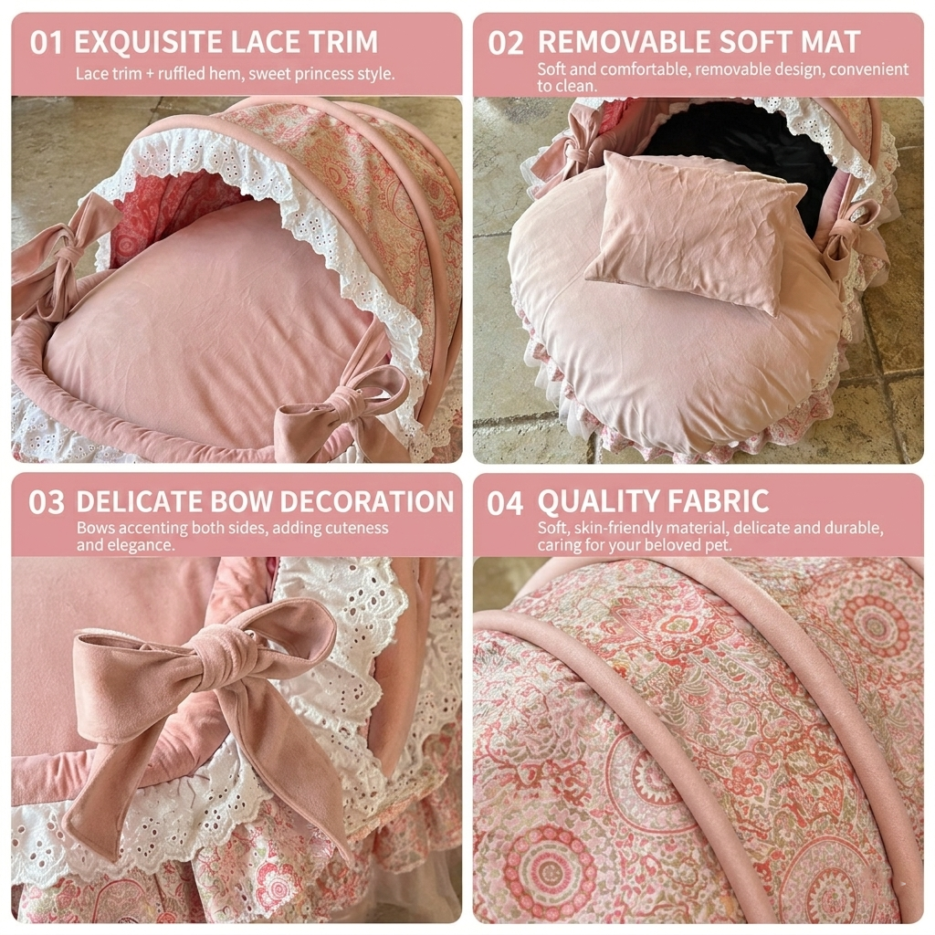 Luxury Princess Canopy Dog Bed Pink Lace Pet Nest with Removable Cushion